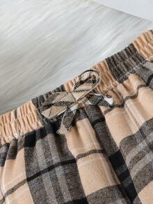 SHEIN 小女孩松身舒適格紋褲,蝴蝶結裝飾的秋季時尚寬褲 - 卡其色 - 查看 5
