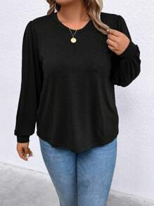 SHEIN LUNE 加大尺碼女裝圓領長袖t恤 - 黑色 - 查看 3