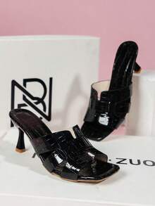 Women Gold Fashionable High Heel Sandals New Style Slippers Women PU Leather Sandals Elegant Women Snake Pattern Embossed High Heel Sandals Ladies Platform Discounted Outdoor High Heel Sandals Women Sexy Slippers - Black - View 4