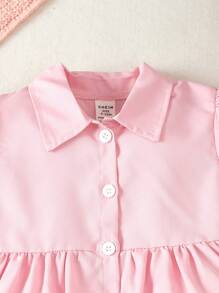 Baby Girls' Pink Puff Sleeve Shirt With Heart-Shaped Print Flare Pants Set For Spring And Summer - Multicolor - View 6