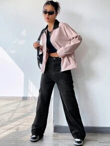 SHEIN Unity Của phụ nữ Tương phản Màu sắc Đứng cổ áo Dây kéo Áo khoác - Hồng - Xem 6