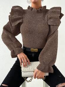 SHEIN Essnce 荷葉邊裝飾長袖毛衣 - 棕色 - 查看 5