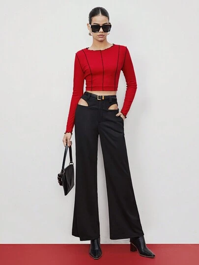 Maija Women's Solid Color High Waist Hollow Out Pants