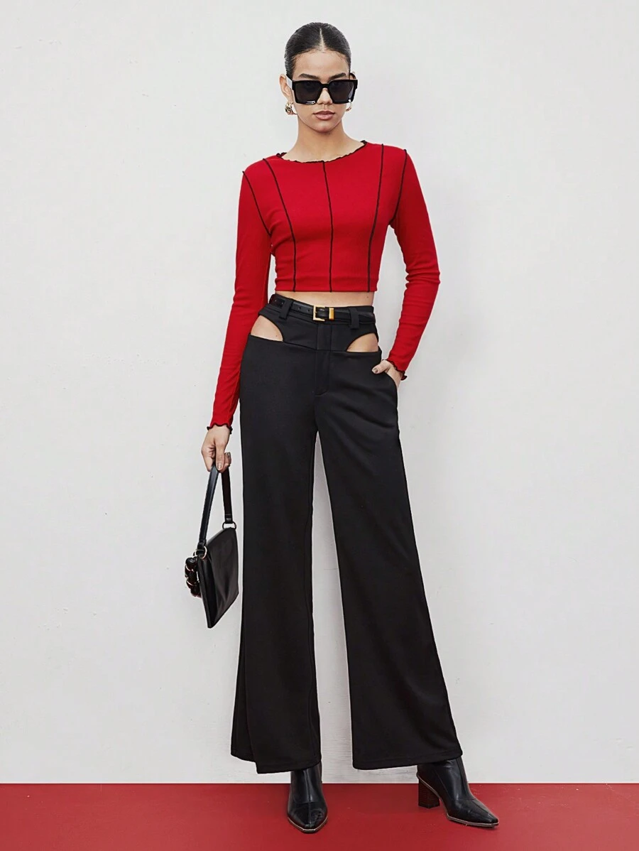 Maija Women's Solid Color High Waist Hollow Out Pants - Black - View 1