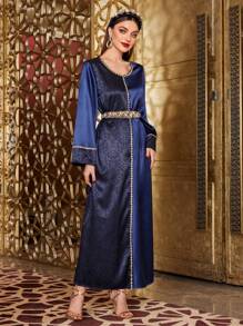 Al Najma 女士撞色对比蕾丝阿拉伯连衣裙，端庄 - 寶藍色 - 查看 4