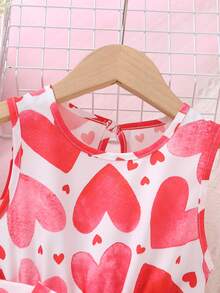 SHEIN Little Girls' Sleeveless Heart Printed Dress With Belt And Hat, Spring/Summer - Red - View 4