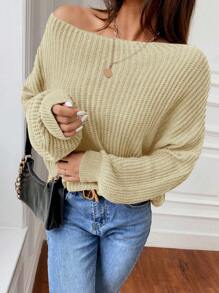 SHEIN Essnce 女性純色蝙蝠袖寬鬆毛衣 - 杏色 - 查看 2