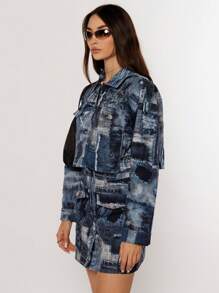 SHEIN Essnce 女式牛仔效果夹克和裙子套装 - 藍色 - 查看 3