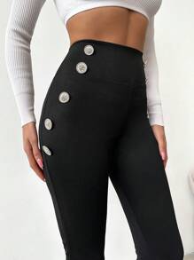 RueChic High Waist Button Detail Skinny Pants - Black - View 5