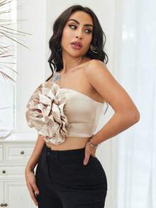女裝誇張3d花裝飾無肩帶上衣 - 香檳色 - 查看 4