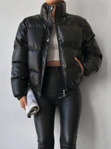 EURMUSE Slant Pocket Zip Up Puffer Coat - Black - View 1