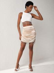 Leslie Samano Designer Rhinestone Fringe Trim Drawstring Side Satin Bodycon Elegant Skirt, For Summer, Holiday, Party, New Year Eve, Valentine's Day, Festival - Champagne - View 5