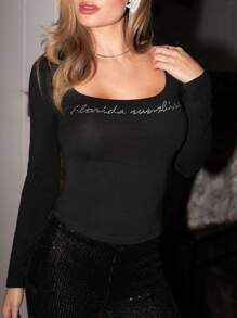 Chiquease Women's Round Neck Tee Shirt With Rhinestone Embellished Letter Print Fall Cloth For Women - Black - View 5