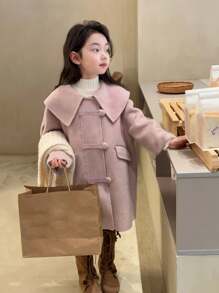 小女孩韩版时尚翻领冬装外套，新款加厚保暖中长款针织外套 - 粉色 - 查看 1