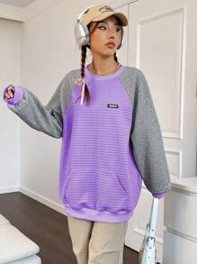 Flirla Color Block Patched Detail Raglan Sleeve Sweatshirt Pullover Fall Sweatshirt - Violet Purple - View 6
