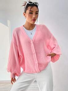 SHEIN Unity 寬鬆休閒燈笼袖針織外套 - 粉色 - 查看 4