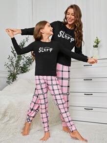 Tween Girl Family Matching Outfits, Letter Print Plaid Snug Fit Pajama Set - Black - View 9