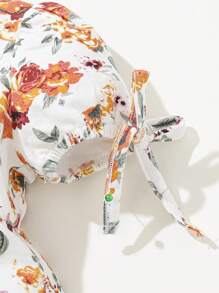 SHEIN 新生兒女嬰短袖花卉印花圓領褶皺腰裙 - 彩色 - 查看 5