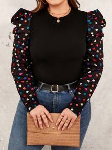 SHEIN LUNE 女款大尺碼愛心印花羊腿袖 T 卹 - 黑色 - 查看 1