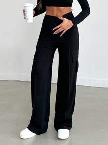 EURMUSE Women's Solid Color Flip Pocket Trousers - Black - View 6