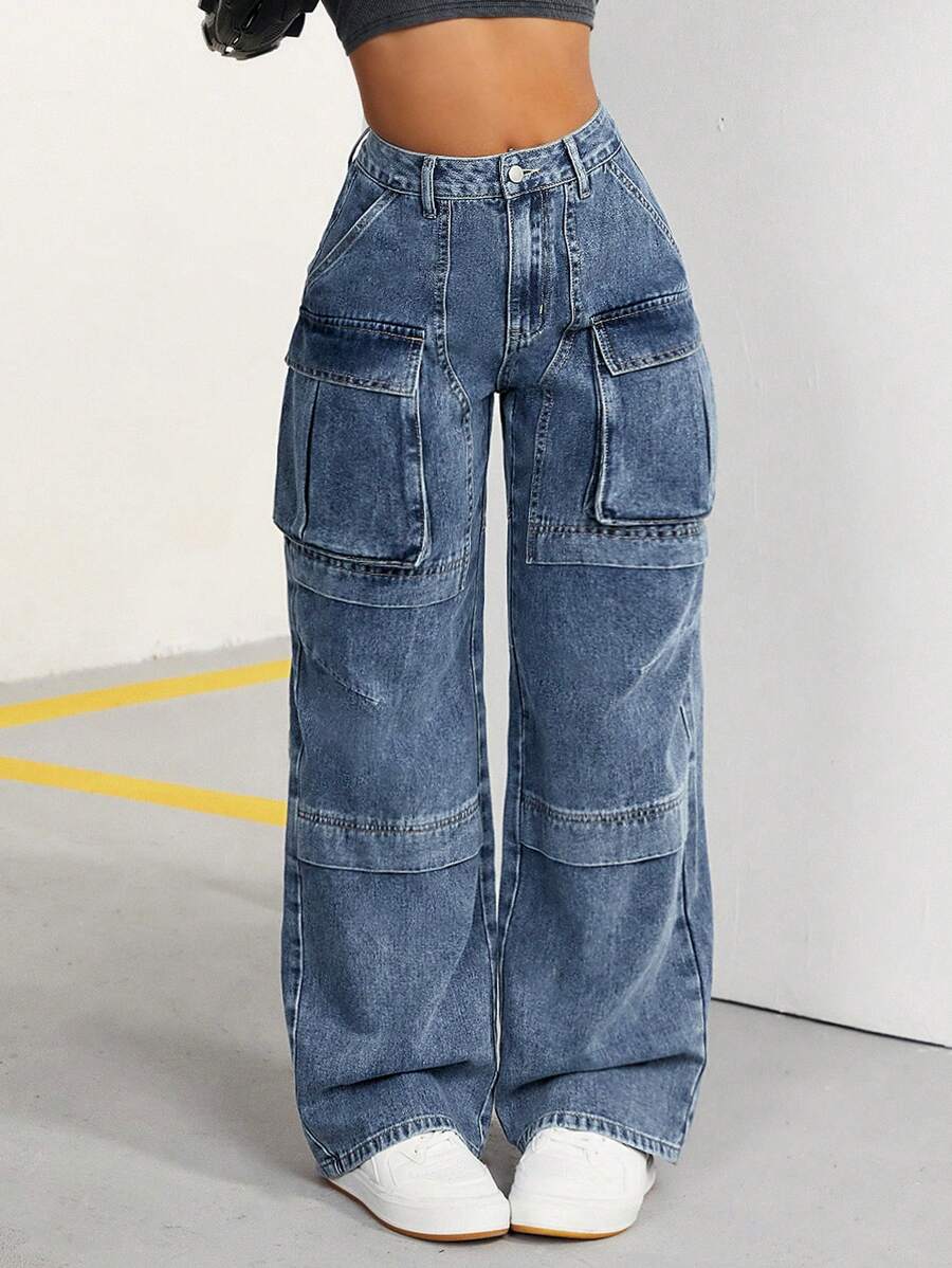 SHEIN ICON Của phụ nữ Cargo Denim Quần Với Nhiều Túi - Màu xanh lam - Xem 1