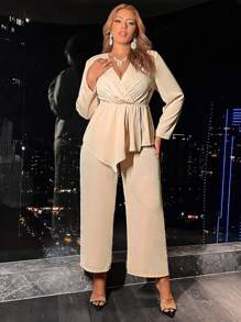 Calvaya 大尺碼2入組不對稱荷葉邊長袖上衣和寬腿長褲套裝 - 杏色 - 查看 5