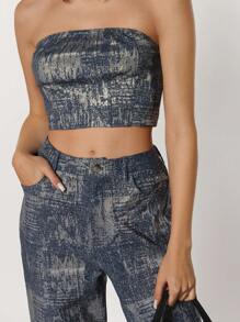 SHEIN Essnce Silver-Plated Strapless Two Piece Set - Blue - View 5