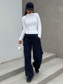 DAZY Blusa de manga larga con cuello alto simulado y cremallera con pespunte para mujer - Blanco - Ver 5