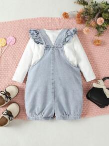 Baby Girl Round Neck Long-Sleeved T-Shirt And Ruffled Trim Suspender Jumpsuit Casual And Comfortable Set - Blue and White - View 2