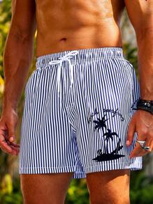 Surfspeed Men's Tropical & Striped Print Elastic Waist Beach Shorts - Blue and White - View 4