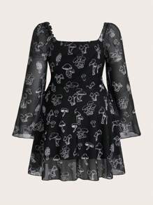 SHEIN LUNE Kích thước lớn Của phụ nữ Lưới In Nấm Đầm - màu đen - Xem 3