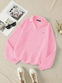 SHEIN Unity 女字母圖案金屬拼布翻領套頭衫 - 粉色 - 查看 1