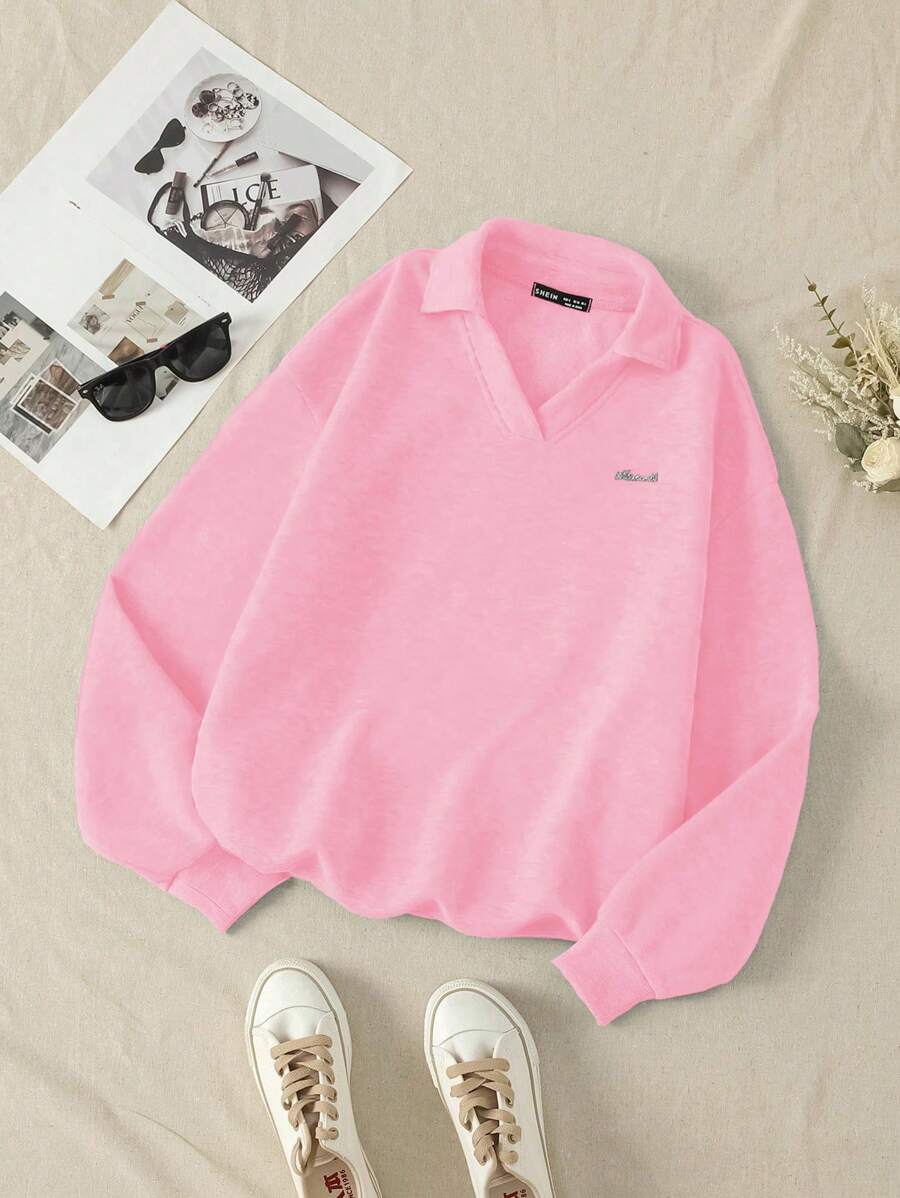 SHEIN Unity 女字母圖案金屬拼布翻領套頭衫 - 粉色 - 查看 1