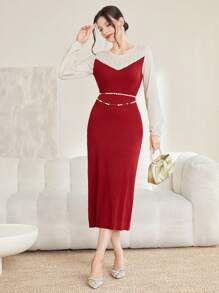 Modelyn Crew Neck Color Block Long Sleeve Sweater Dress (Without Waist Chain) Fall Cloth For Women - Red - View 1