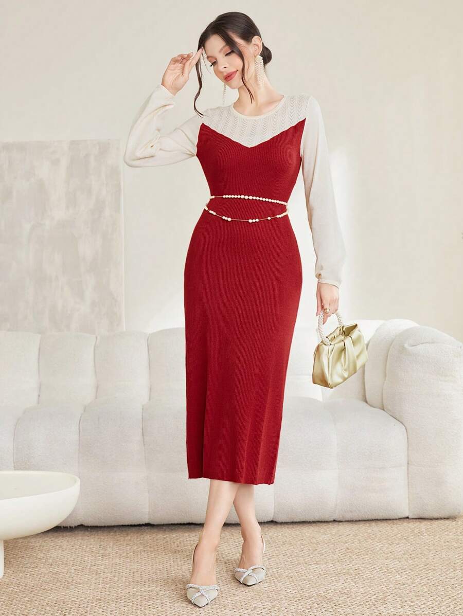 Modelyn Crew Neck Color Block Long Sleeve Sweater Dress (Without Waist Chain) Fall Cloth For Women - Red - View 1