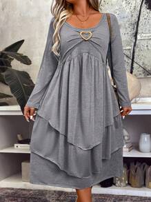 SHEIN LUNE Plus Size Women's Ruffled Hem Pleated Dress - Dark Grey - View 1