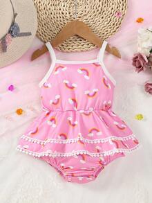 嬰兒女寶寶彩虹印花拼色邊飾肩帶連身衣 - 粉色 - 查看 6