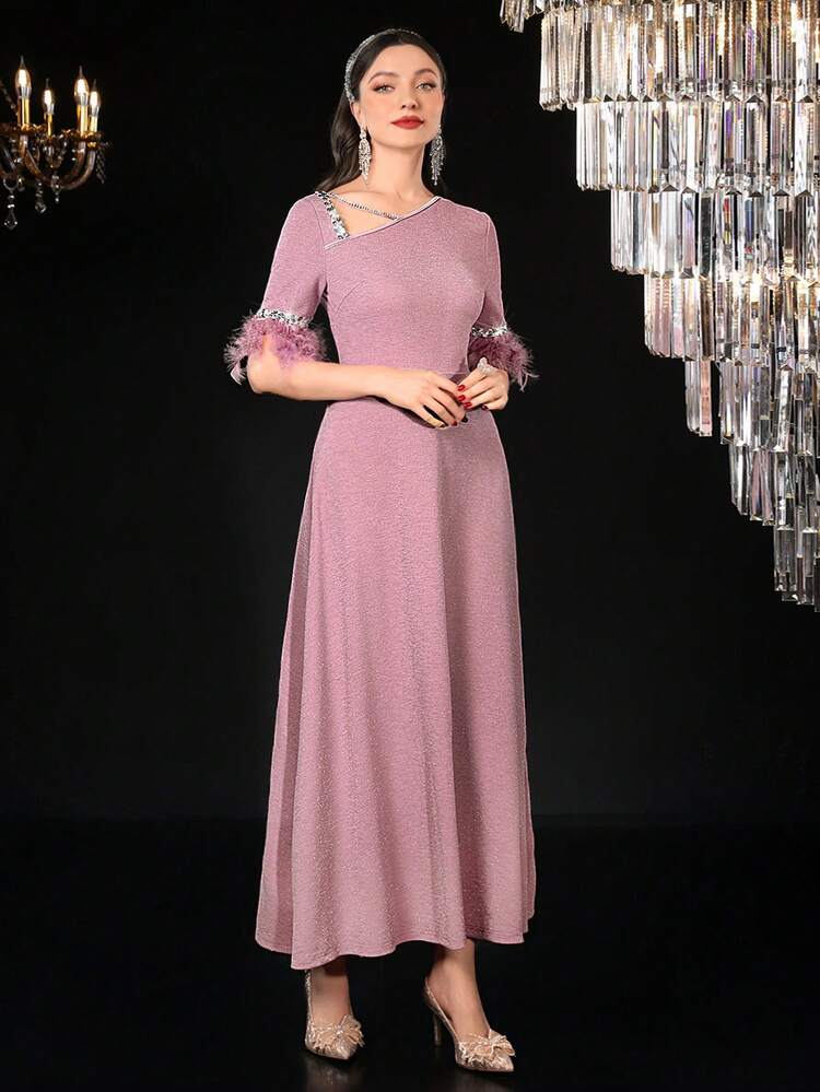 Women's Asymmetrical Neckline Contrast Sequins Rhinestone Embellished Arab Style Feather Patchwork Dress,Elegant Evening Party Dress