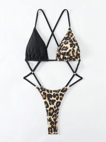 Swim SXY Summer Beach Leopard Print Cross Back One Piece Swimsuit With Backless Detail - Multicolor - View 4