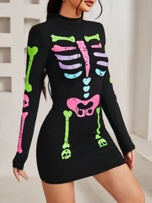 SHEIN PETITE 女款立領羅紋印花長袖連身裙 - 黑色 - 查看 5