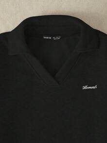SHEIN Unity 女式字母刺繡折領運動衫 - 黑色 - 查看 5