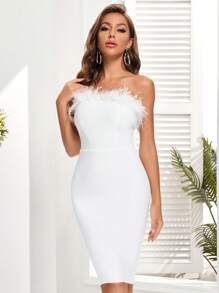 女性性感無肩帶羽毛上衣束身派對晚禮服 - 白色 - 查看 1