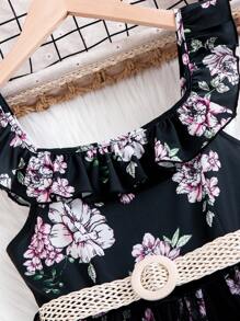 SHEIN Gestricktes Kleid mit Blumenmuster und kontrastierendem Netzstoff für Tween-Mädchen - Verschiedenfarbig - Übersicht 4