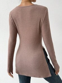 SHEIN Essnce 側開叉紐扣純色羅紋針織 T 卹 - 卡其色 - 查看 2