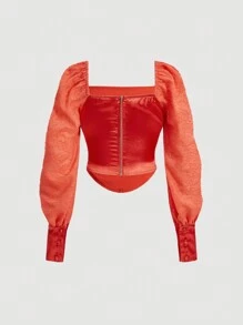 SHEIN MOD 女士方领不对称下摆衬衫 - 紅色 - 查看 2