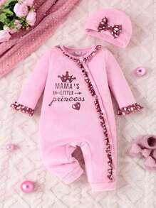 Infant Girls' Autumn Winter Letter Embroidery Jumpsuit With Hat - Pink - View 1