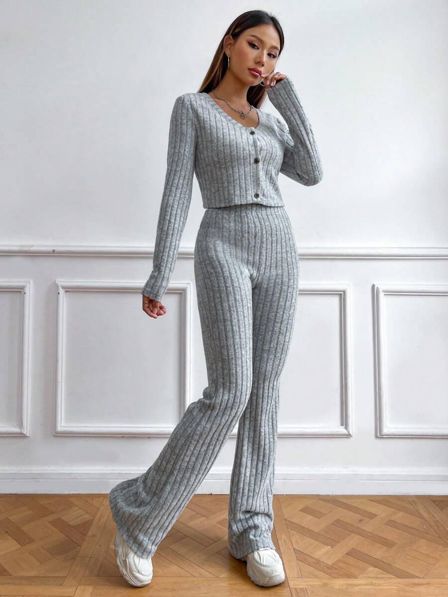 SHEIN Unity Women's Ribbed Long Sleeve Top And Flared Pants Set - Grey - View 1