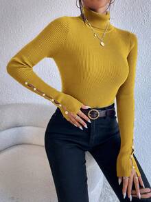 SHEIN Privé 珍珠水鑽綴飾鏤空袖純色高領毛衣 - 黃色 - 查看 6