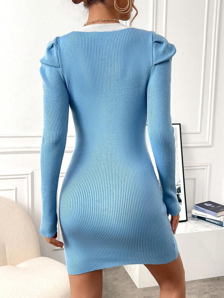 Color Block Puff Sleeve Sweater Dress Fall Cloth For Women