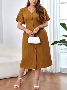 SHEIN Essnce Plus Size Women's V-neck Cardigan Dress - Mocha Brown - View 1